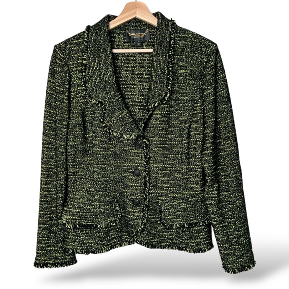 St. John Jackets & Blazers - ST. JOHN COUTURE Wool Blend Green / Black Tweed Unlined Blazer Silk Facing Sz 12